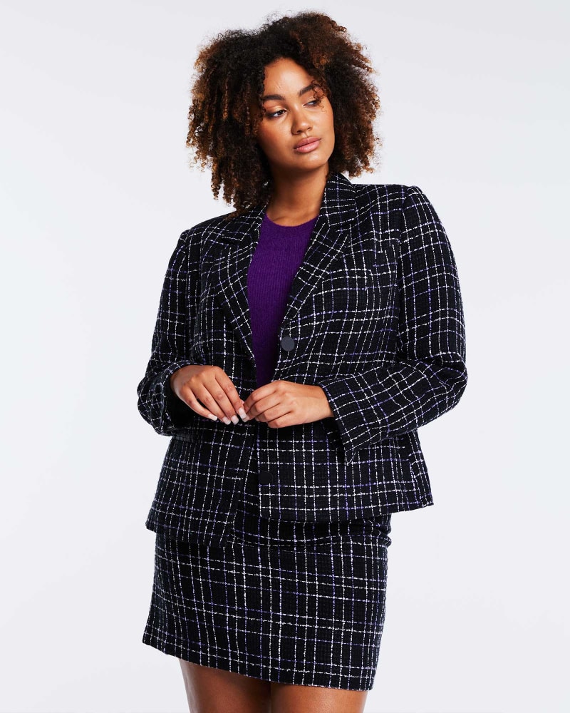 Front of a model wearing a size 18W Paris Jacket in Multi by Estelle. | dia_product_style_image_id:302192